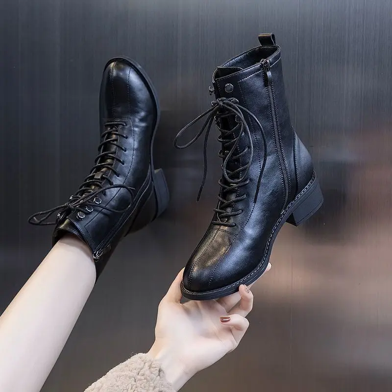 Short Shoes for Women Lace-up Footwear Elegant with Medium Heels Laces Female Ankle Boots Pointed Toe Booties Punk Style Combat