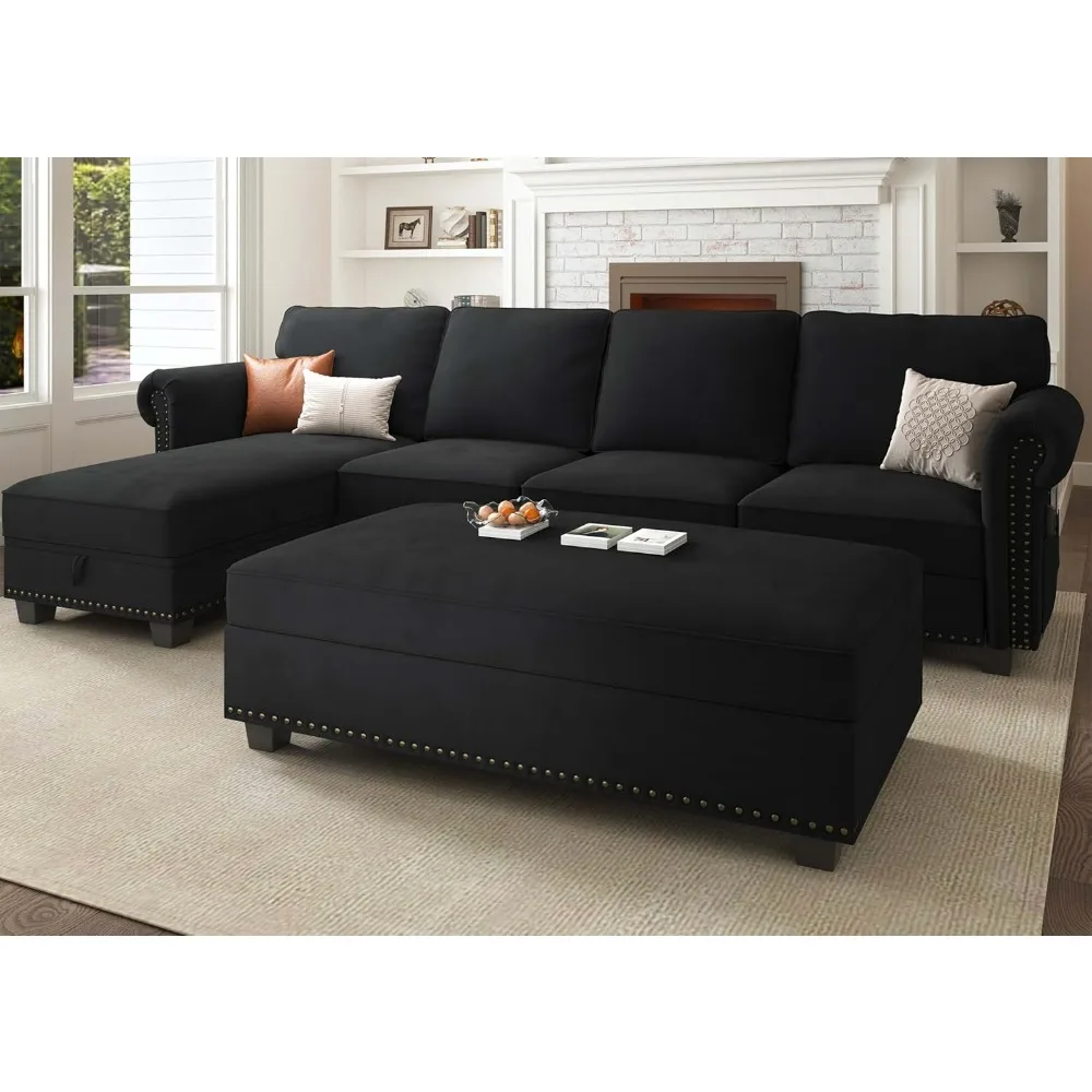 

Living Room Sofas with Storage Ottoman, Reversible Chaise, Velvet Sectional Couch for Small Space, L Shaped Sofas