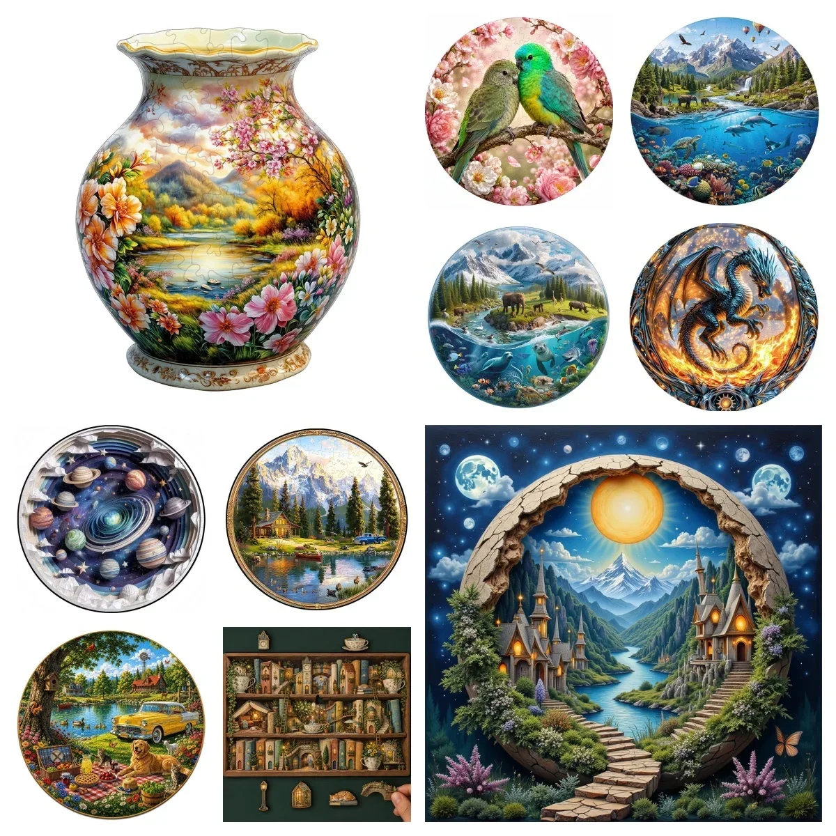 Unique Irregular Shape Wooden Animal Jigsaw Puzzles Lion Owl Landscape Wood Puzzle for Adults Kids DIY Educational Toy Gift
