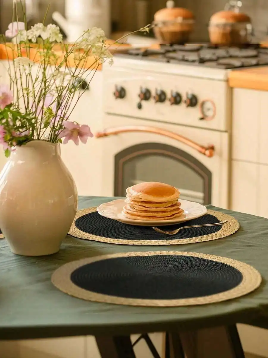 15-Inch Black Round Woven Placemat Set (4/6pcs), Round PP Woven Placemats With Wide Paper Edges, Washable, Wipe-Clean,