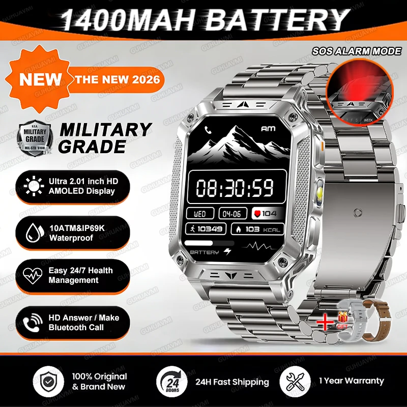 2026 TANK Nieuwe 1400mAh Militaire GPS Smart Watch Mannen 2.01 "AMOLED Scherm 10ATM Waterdichte Klok SOS Oproep Zaklamp Smartwatch iOS