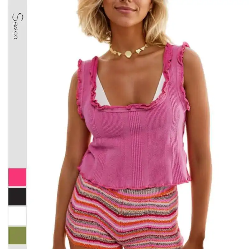 

Women's Tank Top 2025 Solid Color Fungus Edge Pullover Vest Women's Square Neck Knitted Vest