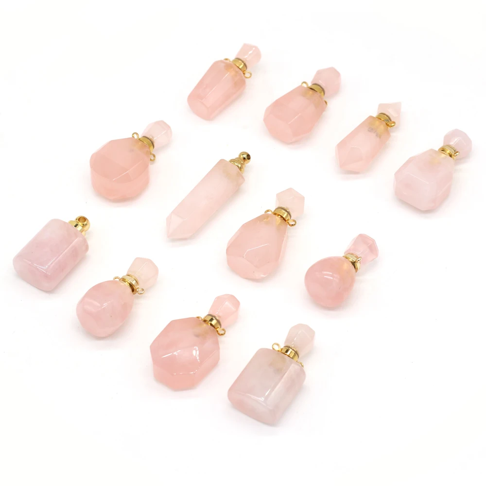 Natural Quartz Perfume Bottle Pendants Rose  Two-Holes Connectors For Jewelry Making DIY Bracelet Necklace Accessories