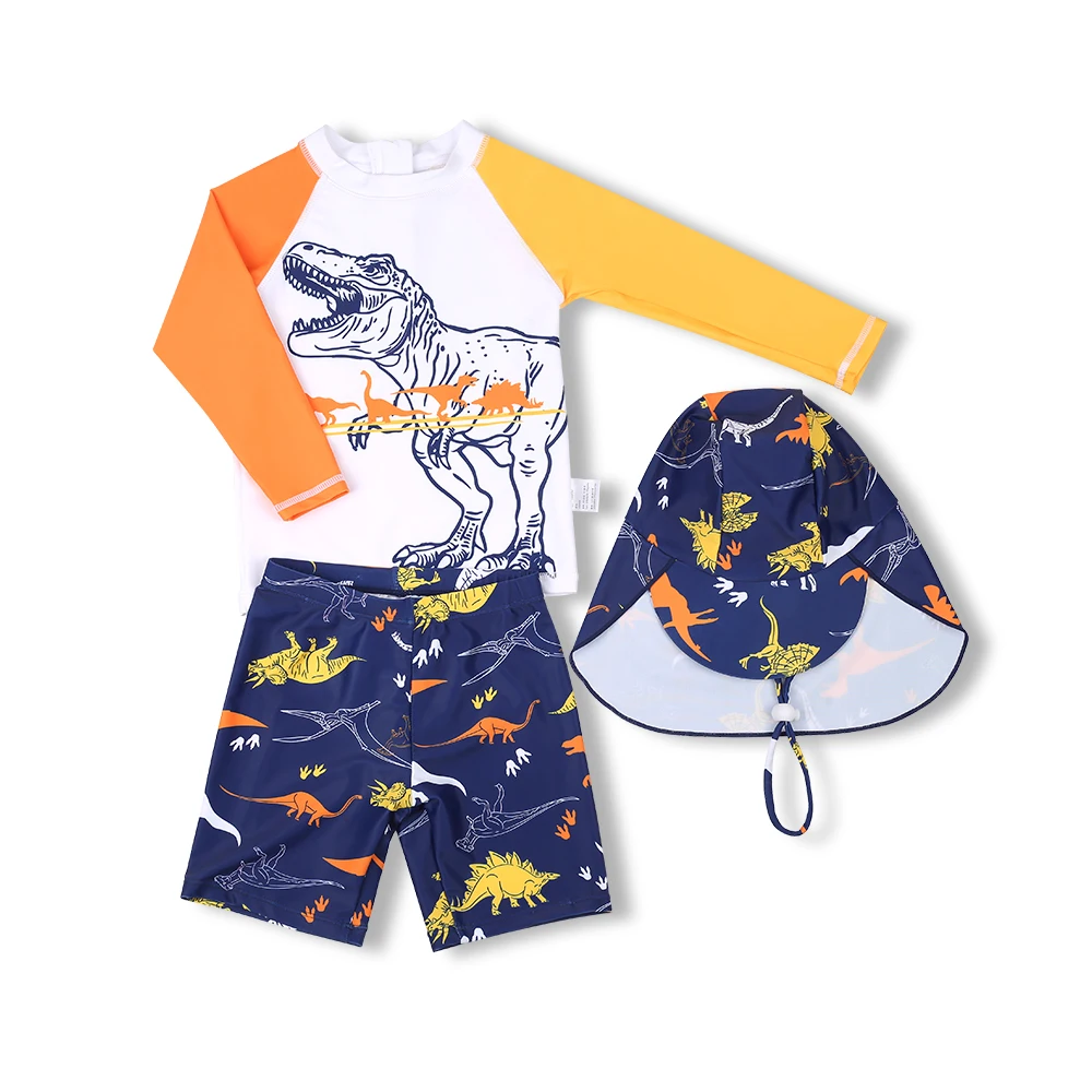 3 Pcs New Boy\'s Swimsuit Sun Protection UPF 50+ Long Sleeve Swimming Sunsuit With Hat Split Bathing Suits Children