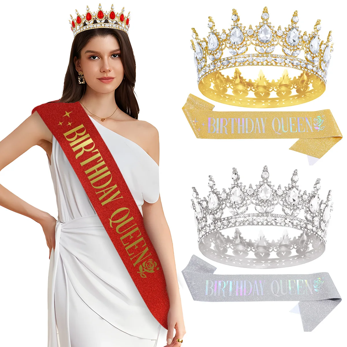 Koning Koningin Kroon Legering Strass Goud Ronde Prins Kroon Tiara's Dragen Decoratieve Prinses Kroon Zijde Bronzing Lint Set