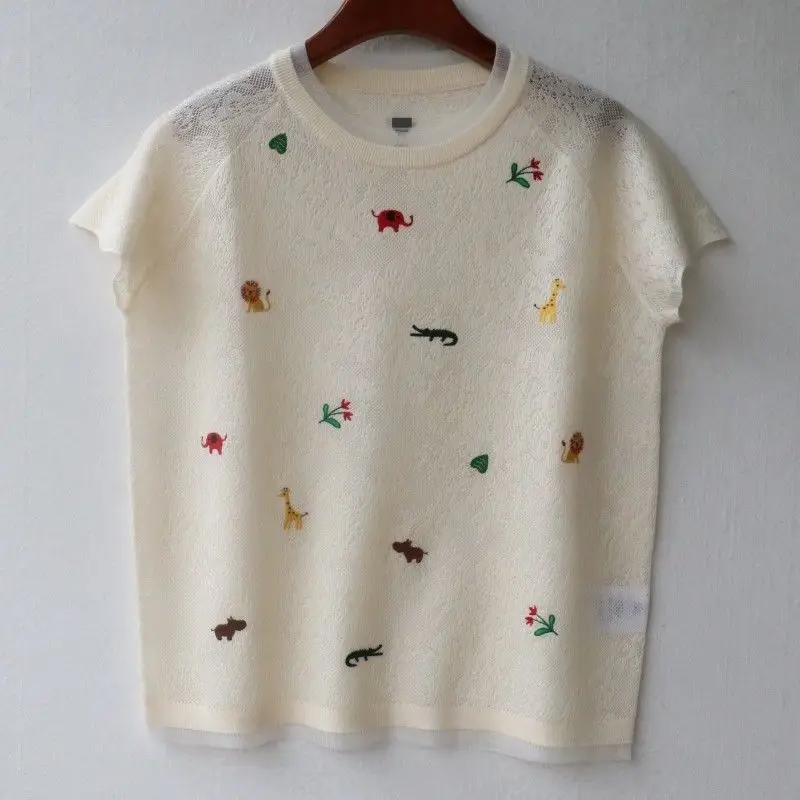 

Women Knitwear Vintage Thin Hollow Out Slim Tops Summer New Chic Cartoon Embroidery O-neck Elegant Short Sleeve T-Shirt