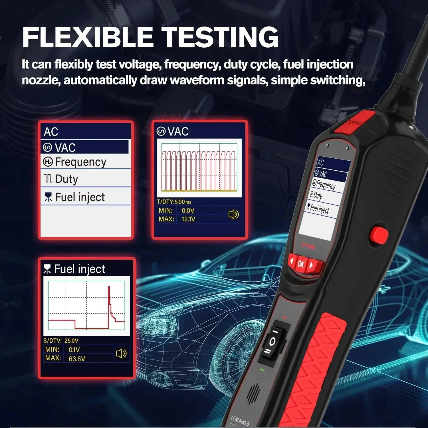 New+ Topdiag P150 Car Electrical Circuit Tester Automotive Power Probe Injector Test 12V 24V Battery Tester Auto Diagnostic Tool