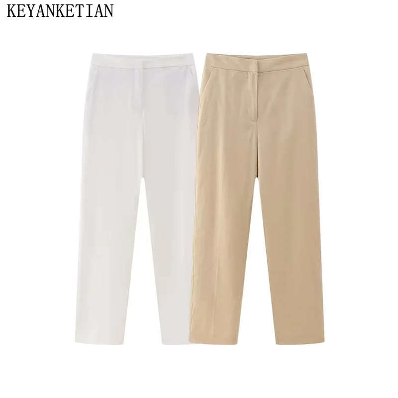 

KEYANKETIAN Autumn New Women's High-Waisted Slacks Office Lady Zipper Slim Straight Pockets Leg Pants Simply Trousers