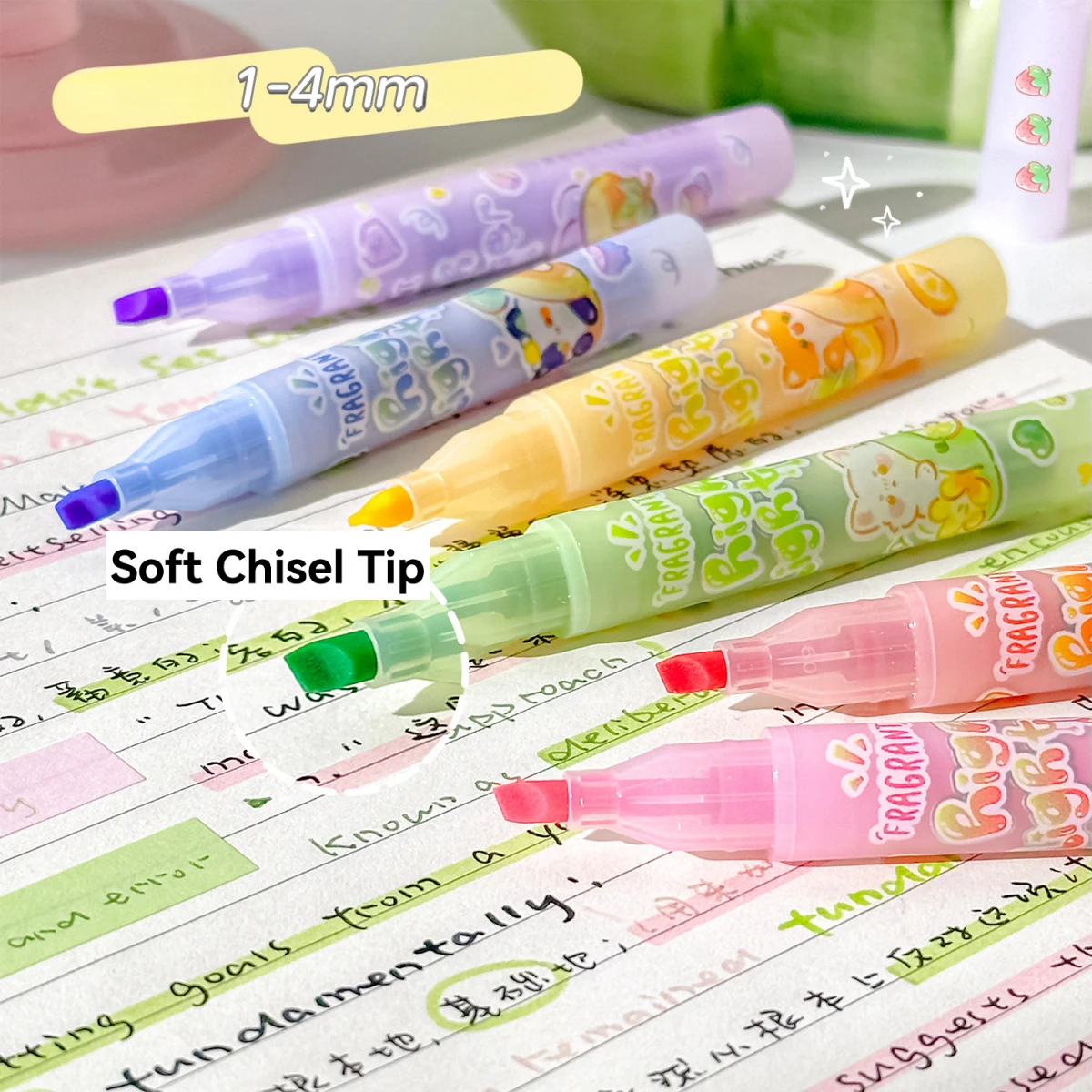 1 Set mit 6 verschiedenfarbigen Textmarkern mit Fruchtduft, sanfte Pastellfarben-Textmarker für den Bürogebrauch, ungiftige Duft-Textmarker mit abgeschrägter Spitze, geeignet für Schule und Büro. – Detail 5