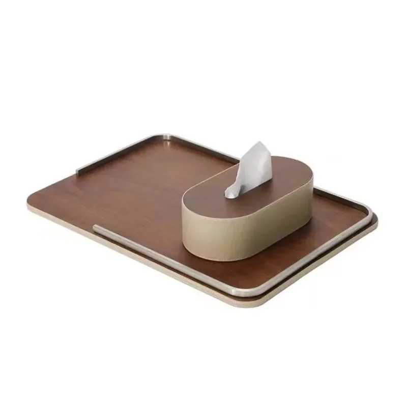 Modern Chinese High End Wood Leather Long Tray Desktop Coffee Table Storage Decoration Creative Ornament Model Room