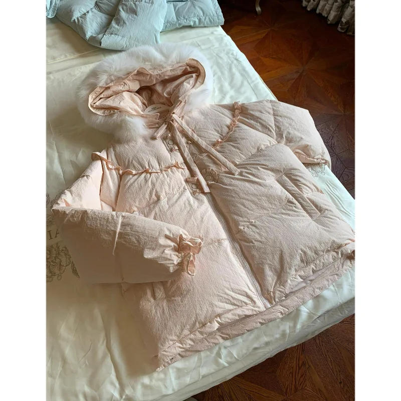 

Girls Winter Down Coats 2025 New Korean Fashionable Thicken Solid Color Ruffle Trim Zipper Hooded Furry Warm Coat