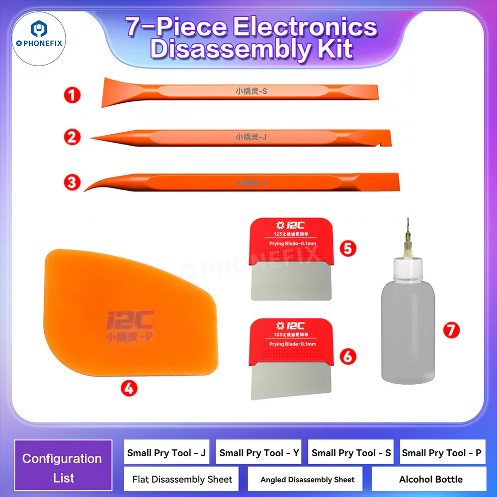 I2C 7-in-1 Mobile Phone Opening Disassembly Tool Set with Spudger Blade and Alcohol Bottle for LCD Screen Battery Removal Repair