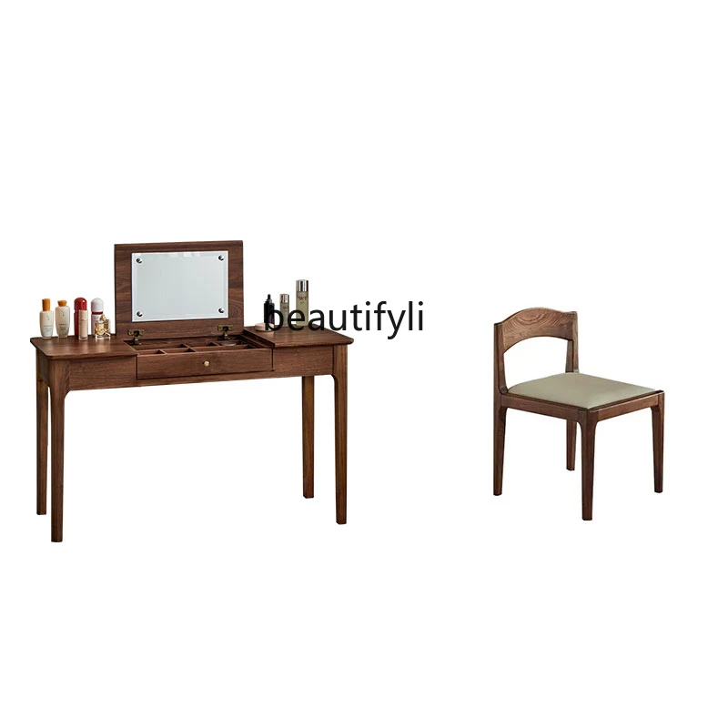 

North America Black Walnut Wooden Dressing Table Simple Modern Makeup Table Flip Dresser