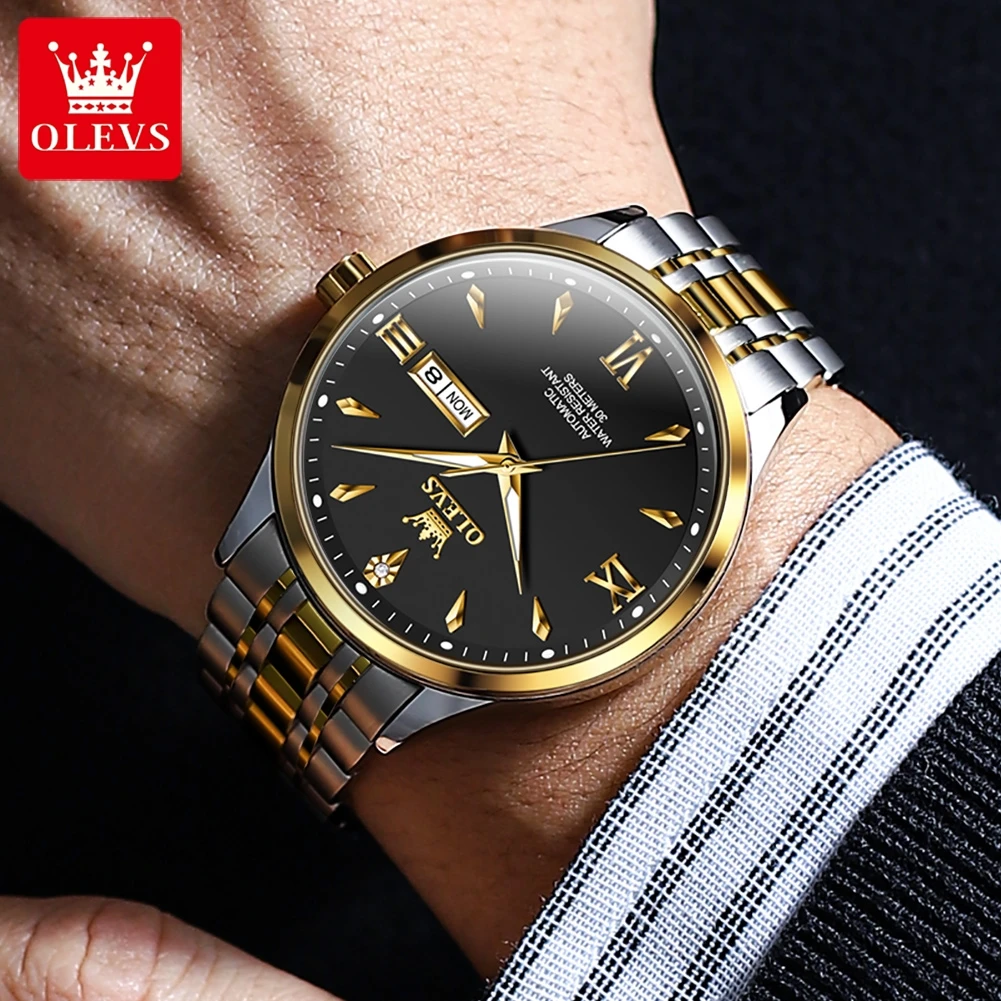 OLEVS 9956 Men\'s Watches Dual Calendar Display High Quality Stainless steel Automatic Mechanical Watch for Men Business Dress