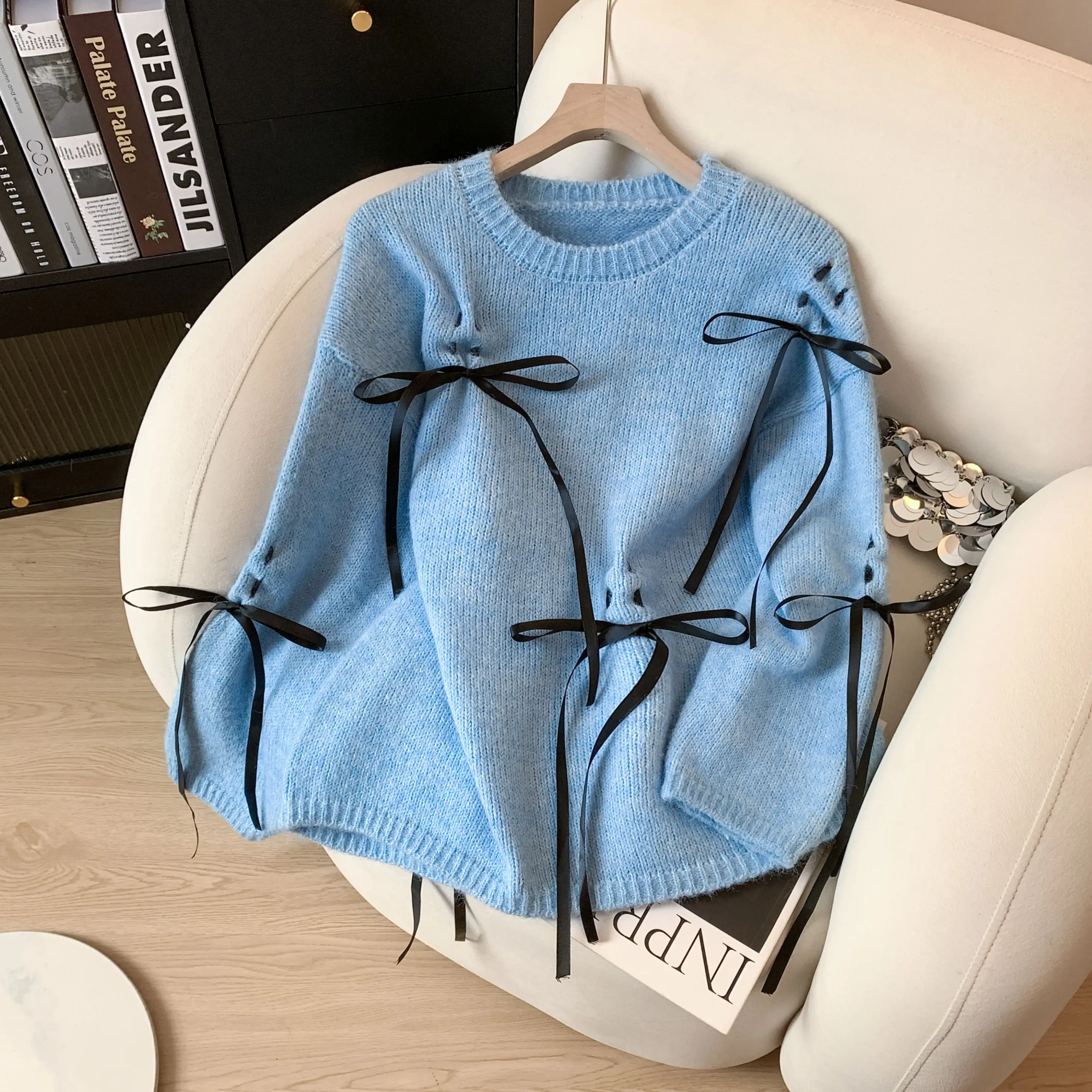 

ALPHALMODA 2025, французский бант, дизайн, ниша, ленивый стиль, свободный, с длинными рукавами, пуловер, осенне-зимний вязаный топ, для женщин