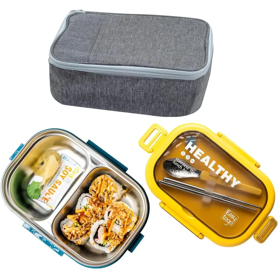 

Ланч-бокс Bento из нержавеющей стали на 28 унций с герметичным дизайном с 2 отделениями для еды и закусок. В комплект входит набор столовых приборов и изолированный.