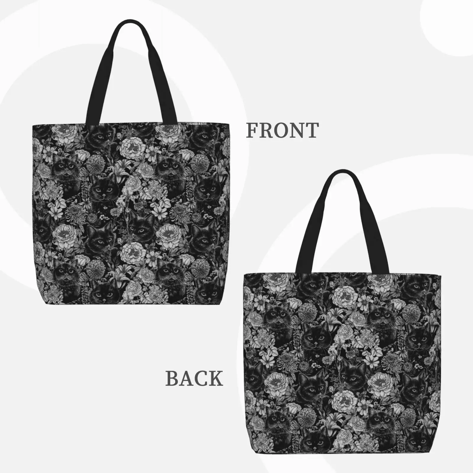 Black Cats In A Garden Print Tote Bag, Reusable Grocery Shopping Bags,Shoulder Bag With Inner Pocket