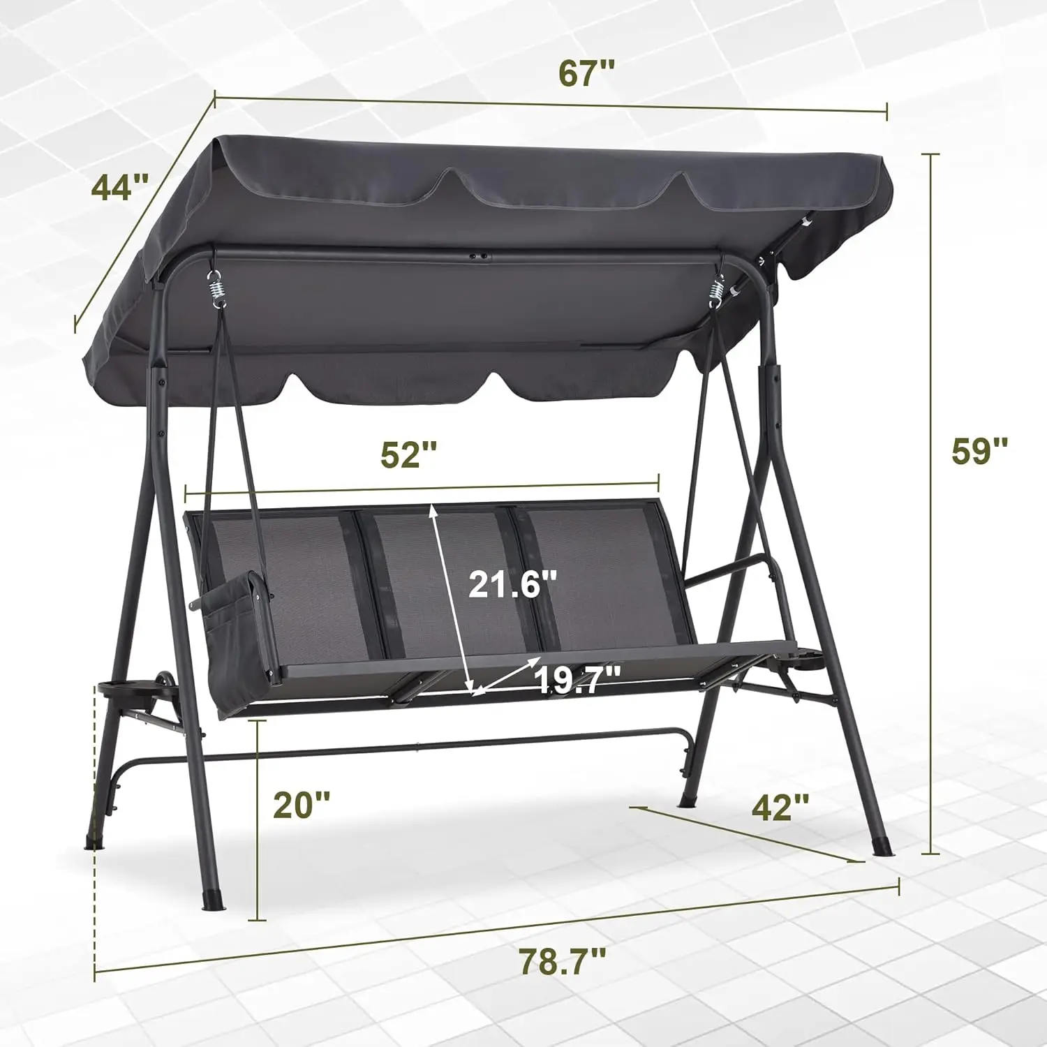 Columpio para Patio exterior con dosel, columpio para porche con soporte para 3 personas, columpio para exteriores resistente, tela, estructura de acero, bolsillo de almacenamiento