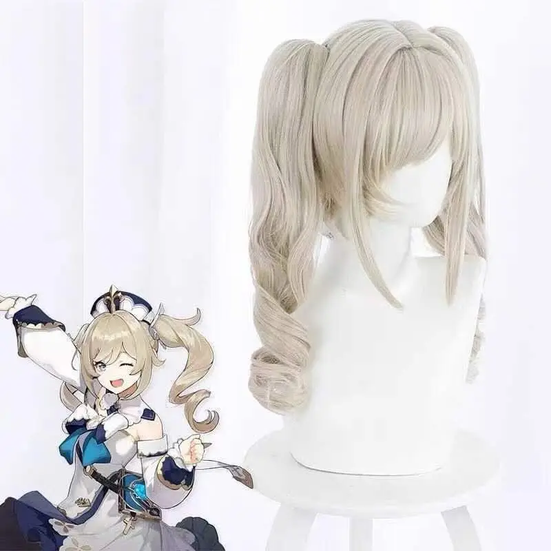 ‌ Genshin Impact Barbara cosplay pruik - blond en zilver witte anime pruik, dubbele paardenstaart, kerkzus kostuumaccessoires