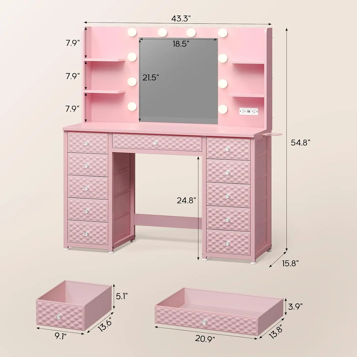 Pink Vanity Desk Mirror & Lights 11 Drawers 43.3