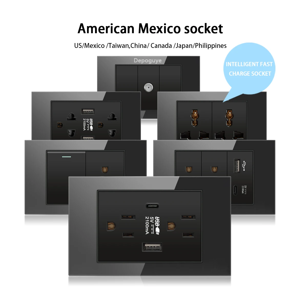 US Standard Black Tempered Glass Type-c Quick Charger Wall Socket Electrical Light Switch,American Thai Dual USB Power Outlet image 3