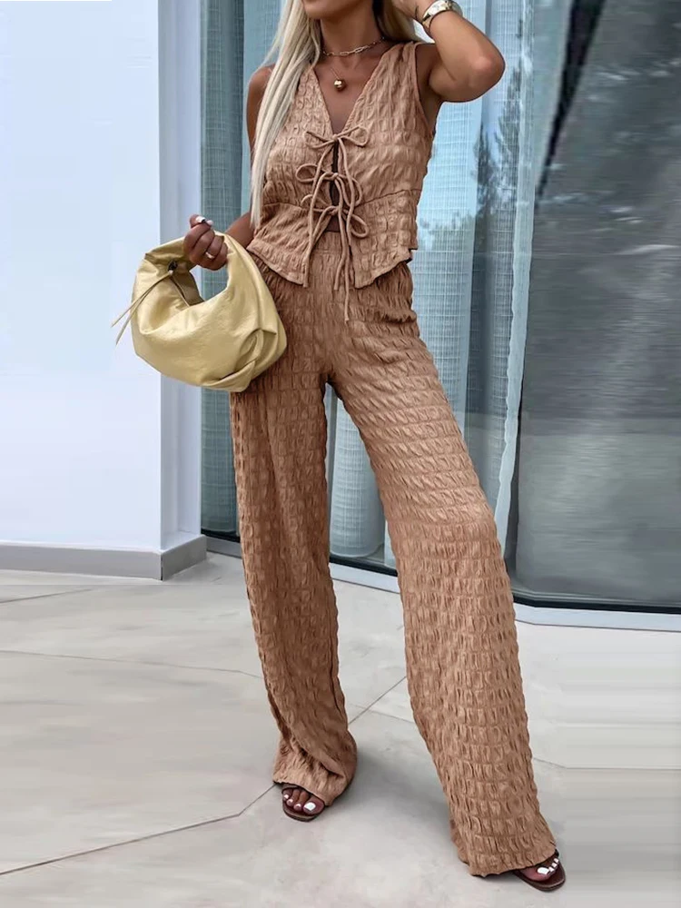 

Lacing Up Wide Leg Pants 2PCS Sets, Women Summer V Neck Sleeveless Chic Outfits, 2025 Simple Casual Elastic Waist Ladies Suits