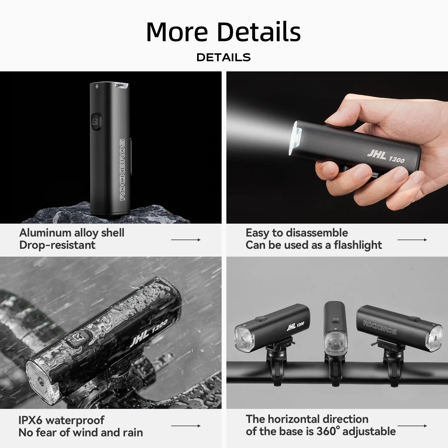 ROCKBROS إضاءة دراجة هوائية 1200LM 5000mAh الدراجة الجبهة ضوء نوع-C مصباح أمامي قابل لإعادة الشحن سبائك الألومنيوم IPX6 غير نافذ للمطر مصباح يدوي #3