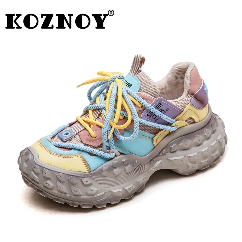

Koznoy 3cm Air Mesh Genuine Leather Comfy Chunky Sneaker Ergonomic Summer Flats Leisure Loafer Ethnic Woman Vulcanize Shoes