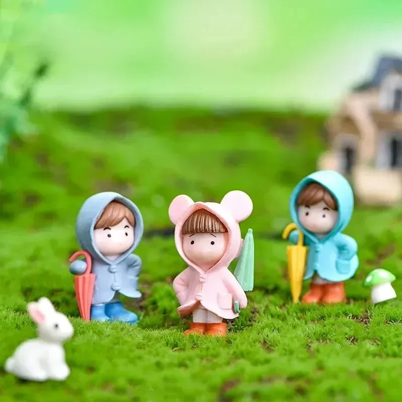 2026-24pc Umbrella Raincoat Girl Boy Figure Decor Pvc Craft Figurine Decoration Miniature Fairy Garden Ornament Pendant