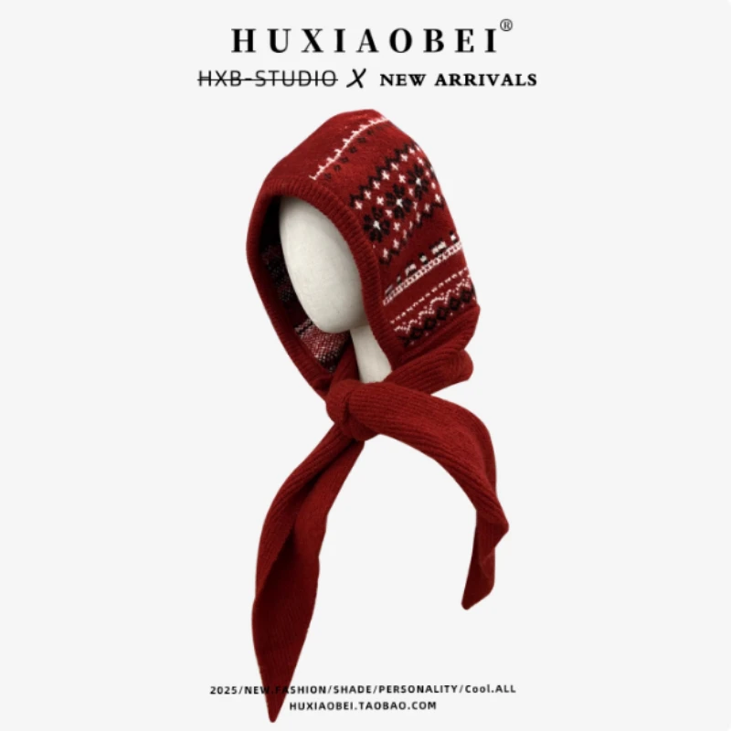 Korean Ethnic Style Jacquard Balaclava Hat Winter Outdoor Scarf Neck Guard Integrated Pullover Warm Knitted Women Beanie Cap
