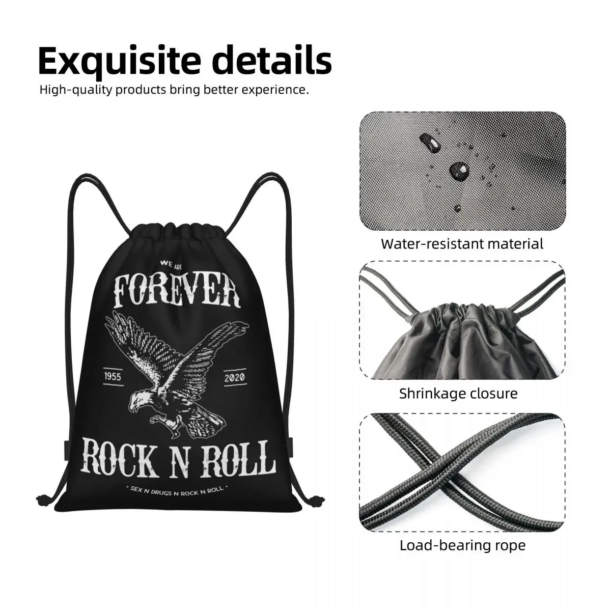 Forever Rock N Roll Drawstring Backpack Women Men Sport Gym Sackpack Portable Heavy  Punk Music Shopping Bag Sack