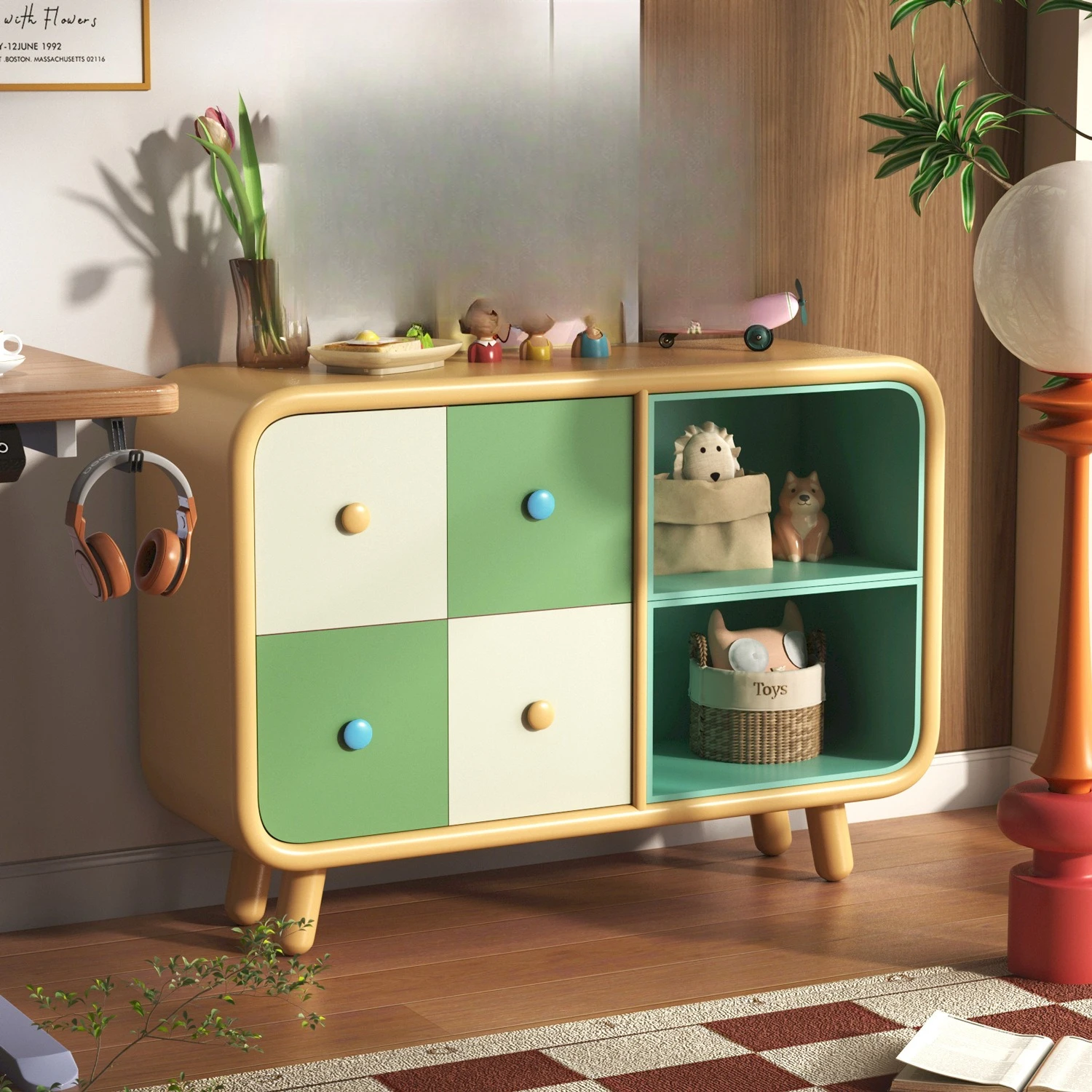 French entrance cabinet, simple dopamine living room storage cabinet, color contrasting decorative cabinet, cream wind locker