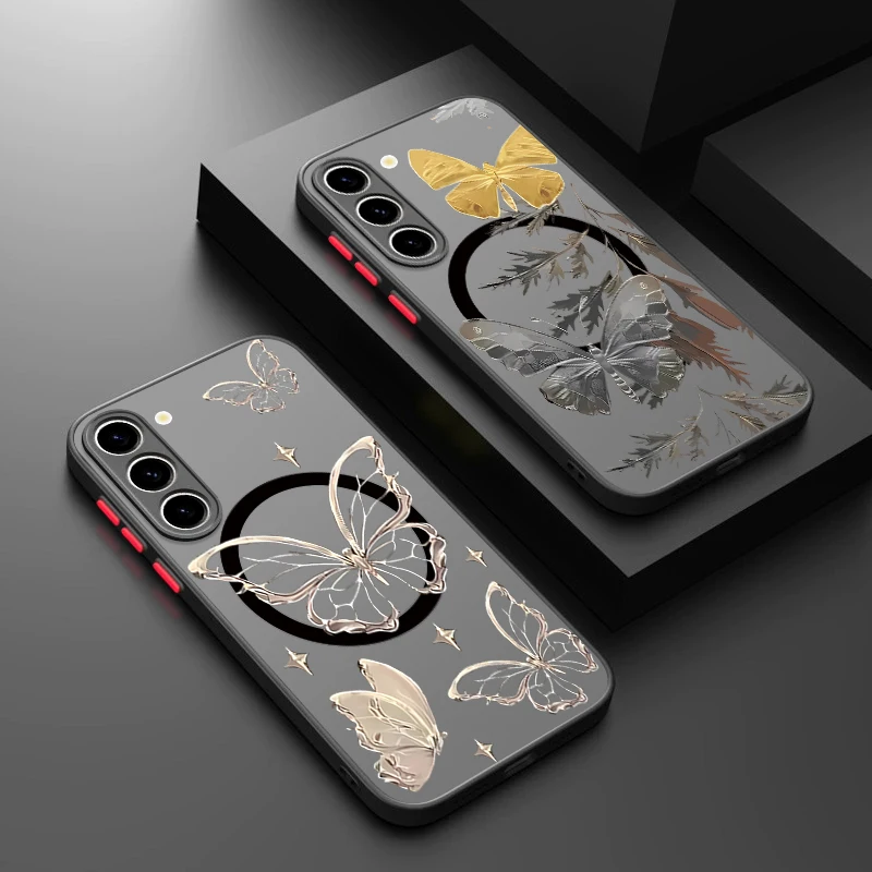 Butterfly Patterned Magnetic Phone Case For Samsung Galaxy S26 S25 Edge S24 S23 S22 Ultra Plus S25 S24 S23 FE Acrylic Back Cover