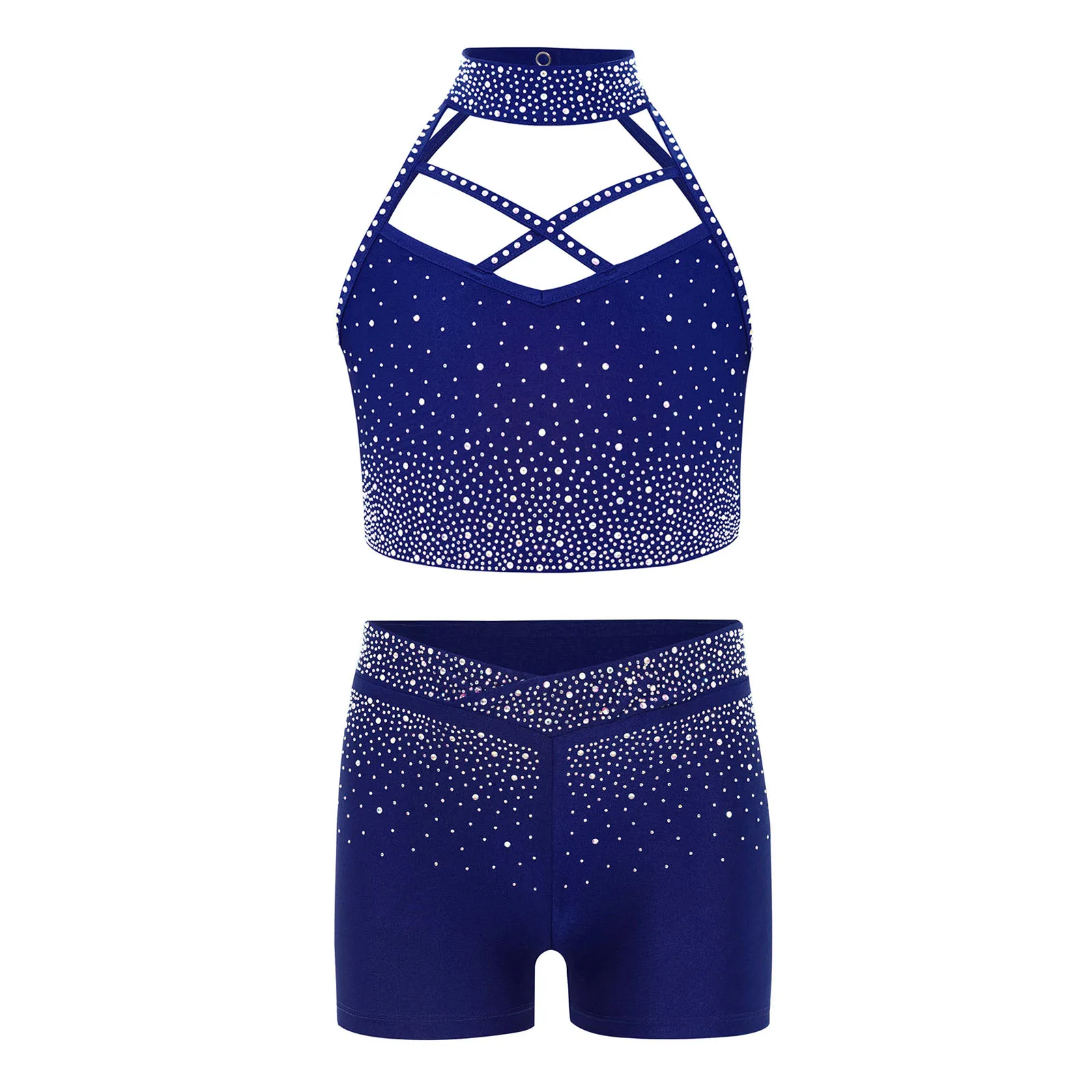 

2Pcs Kids Girls Gymnastics Performance Costumes Halter Sleeveless Cross Front Backless Sparkly Rhinestones Dance Crop Top+Shorts