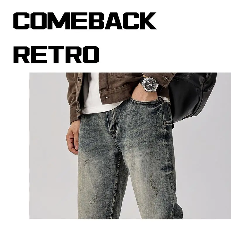 Celana Jeans Denim Distressed Washed untuk Pria |   Celana Slim Tapered Fit dengan Detail Rip Patch Gaya Retro Amerika Streetwear Musim Gugur Trendi