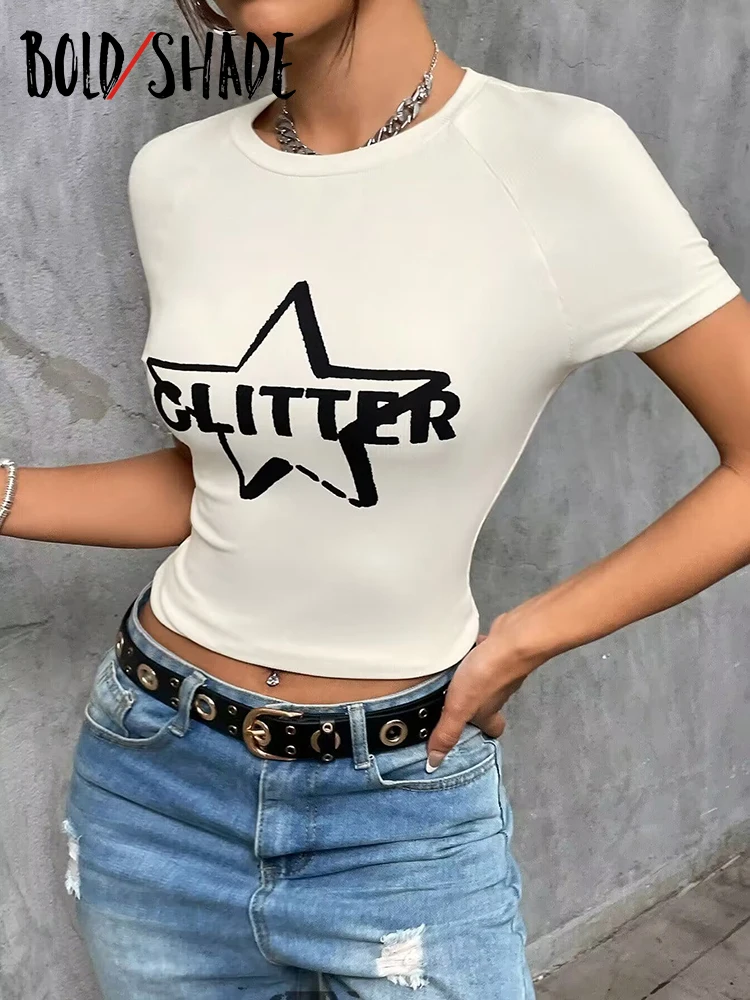 Bold Shade Y2k Pentagram Letter Printed T-shirts 90s Grunge Vintage Short Sleeve Crop Tops Female Streetwear White Skinny Outfit