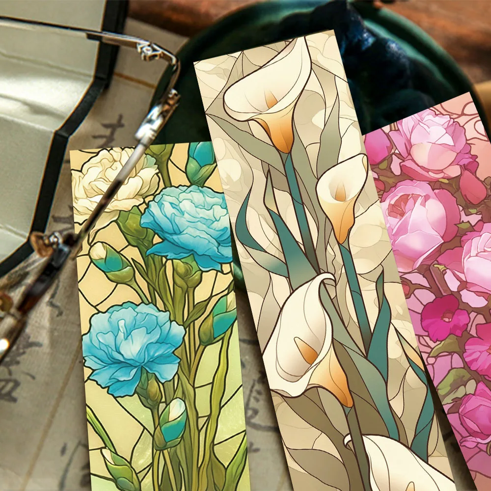 30PCS Floral Stained Glass Bookmarks Funny Flowers Graffiti Cards Creative Stationery Holiday Gifts Reading Tags Scrapbooks