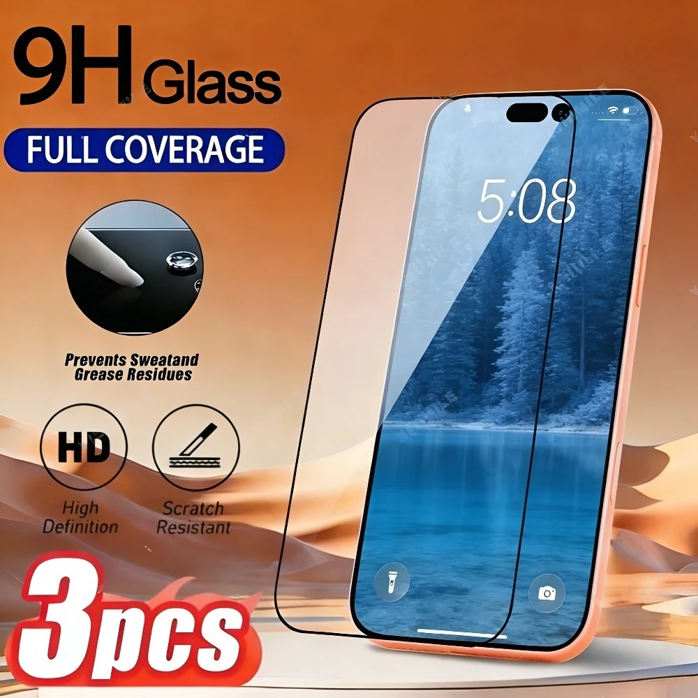 

3Pcs Full Cover Screen Protector for iPhone 17 16 15 14 Pro Max 15 14 Plus Air 17e 16e 13 12 11 Pro Anti-Scratch Tempered Glass