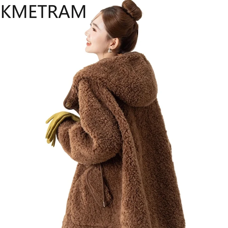 KMETRAM 100% Natural Wool Relaxed Style Warm and Protective Fur Hooded Coat for Women Autumn and Winter 2025 шуба женская