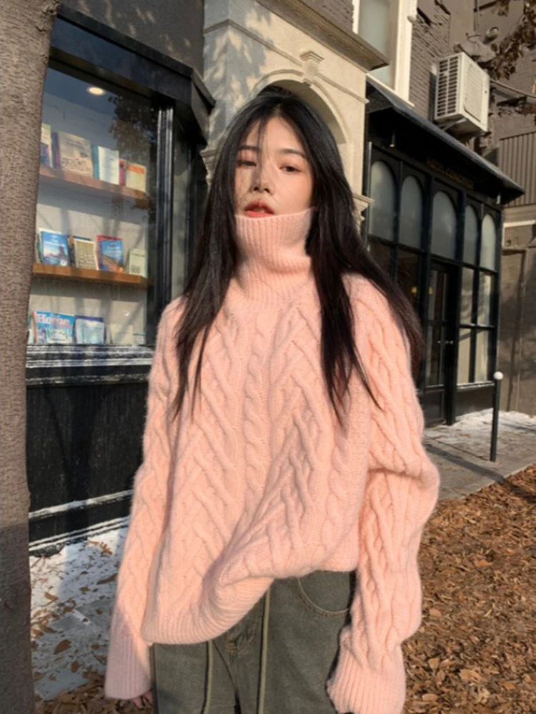 

New 2025 High Ne Pink Knitted Sweater Women's Autumn Winter Faion Soft Cozy Top Sweet Sle Pure Color Long Sve Pullover