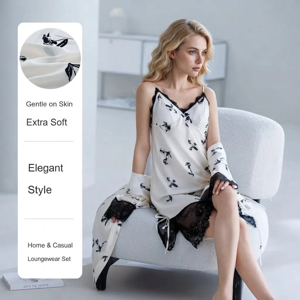 Robe Set Women White Floral Lace Slip Gown Built In Pads Summer Loungewear Sleepwear Lounge Set Soft Comfort Cozy Nightwear Gift