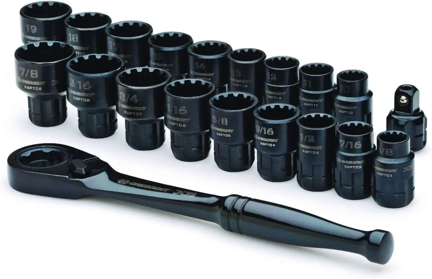 

20-Piece 3/8" Drive Pass-Thru Socket Set, Fits 6 Fastener Types, 5° Swing Arc