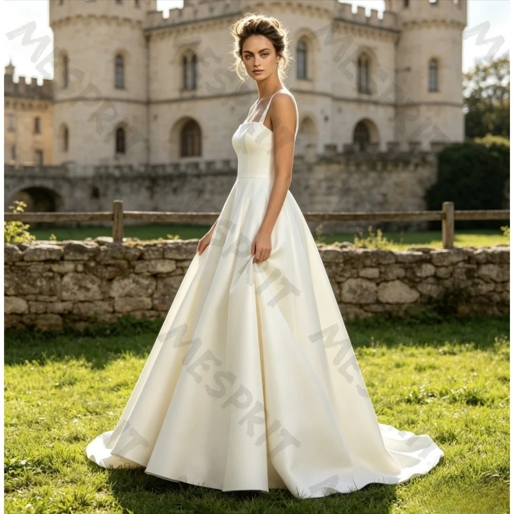 Customized Simple Square Neck Satin Evening Gowns with Wide Strap Large Bareback A-line Small Tail Formal Ball  Long Dresses
