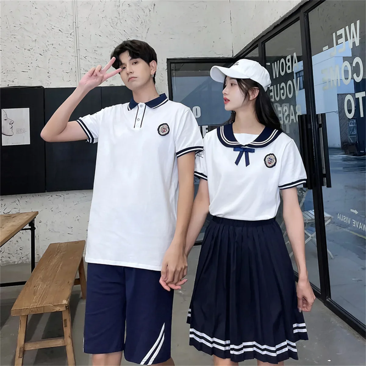 Graduation school uniform summer short sleeved T-shirt set for primary and secondary school students, British college style, Kor