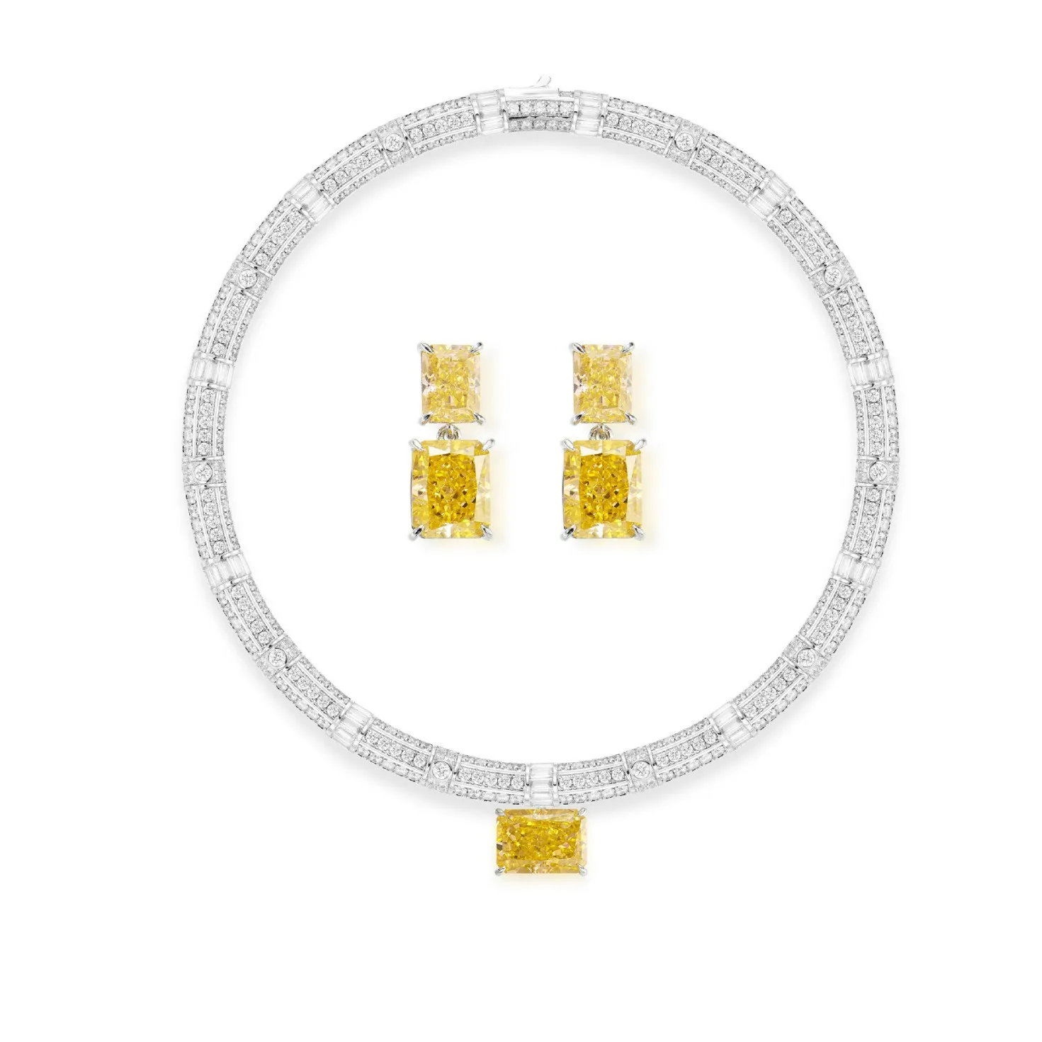Square Sugar Ice Flower CZ Choker Jewelry Set, Gold Plated Heavy Work Necklace Earrings, Elegant Luxury Bridal Wedding Fine Jewe