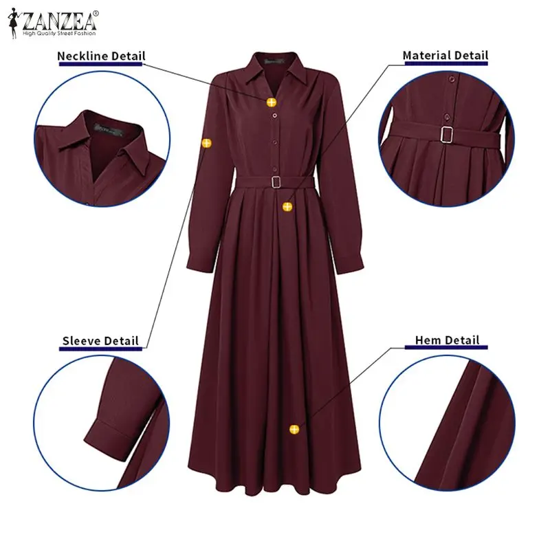 Women Spring OL Work Dresses 2026 ZANZEA Elegant L.apel Neck Long Sleeve Sundress Solid Belted Robe Stylish A Line Party Dress view 4