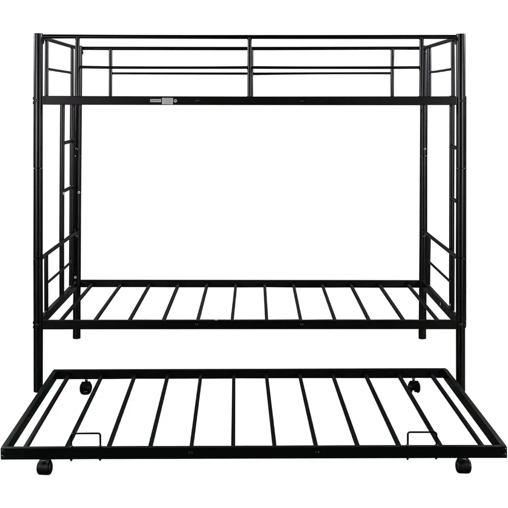 Twin Over Twin Metal Bunk Bed with Trundle Heavy Duty Bunk Beds Frame with 2 Side Ladders Convertible Bunkbed with Guard Rails