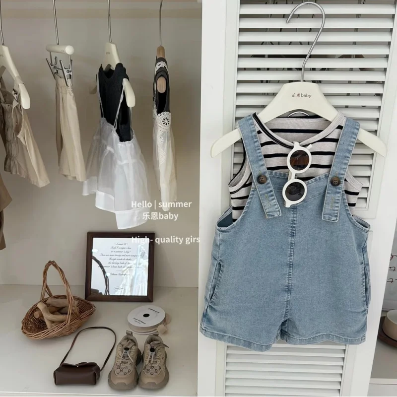 

Summer thin overalls set for girls, versatile striped shorts and tank top casual outfit for children500318