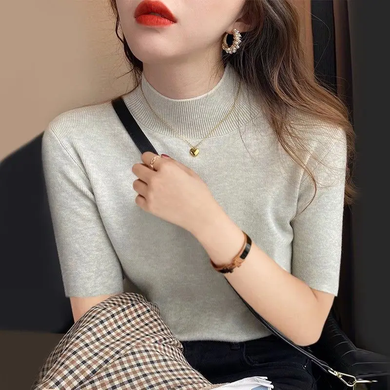 

Half High Collar Sweater 2025 Spring Autumn New Short Sleeve Solid Color Sweater T-Shirt Slim Fit Knitted Pullover Homme A494