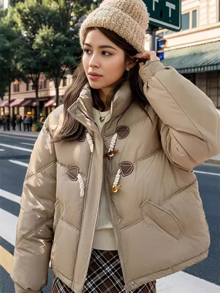 2024 Winter New Women\'s Horn-Buttoned Padded Jacket The Korean Version Is Sweet Lovely Wind Stand Collar Loose Padded Jacket